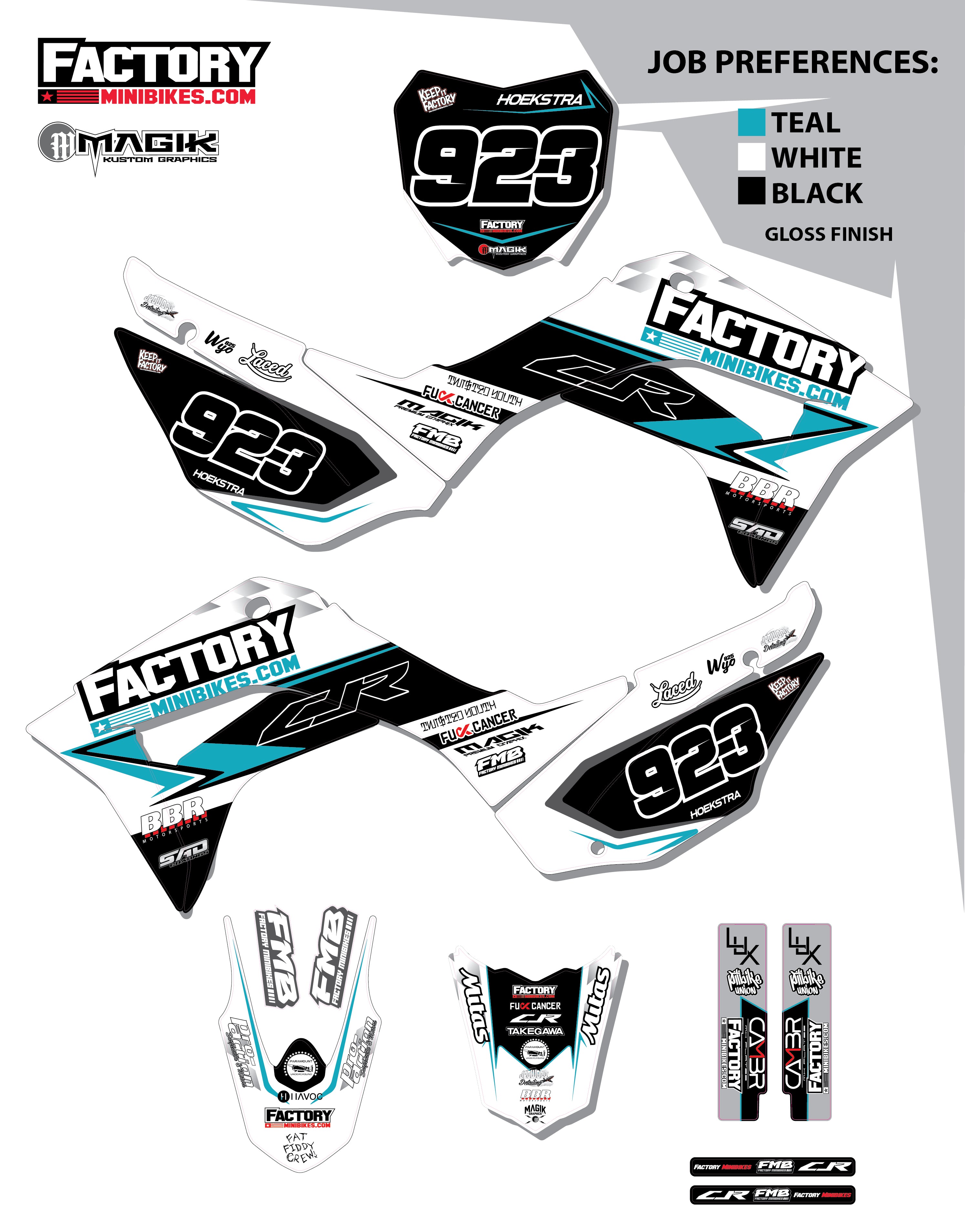 CRF110 Factory Minibikes Custom Graphics Kit w/ Name & Numbers - Factory Minibikes