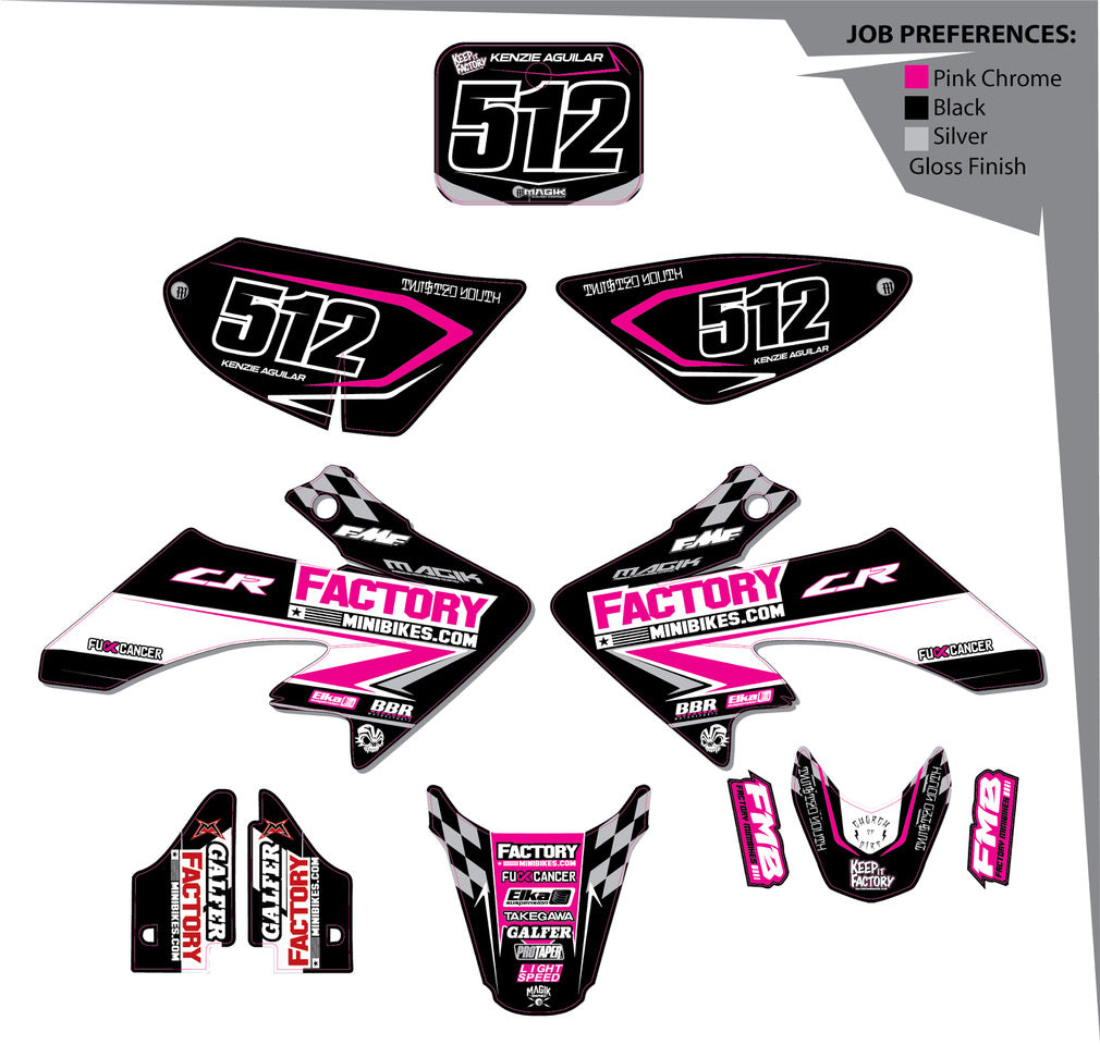 CRF50 Factory Minibikes Custom Graphics Kit w/ Name & Numbers - Factory Minibikes