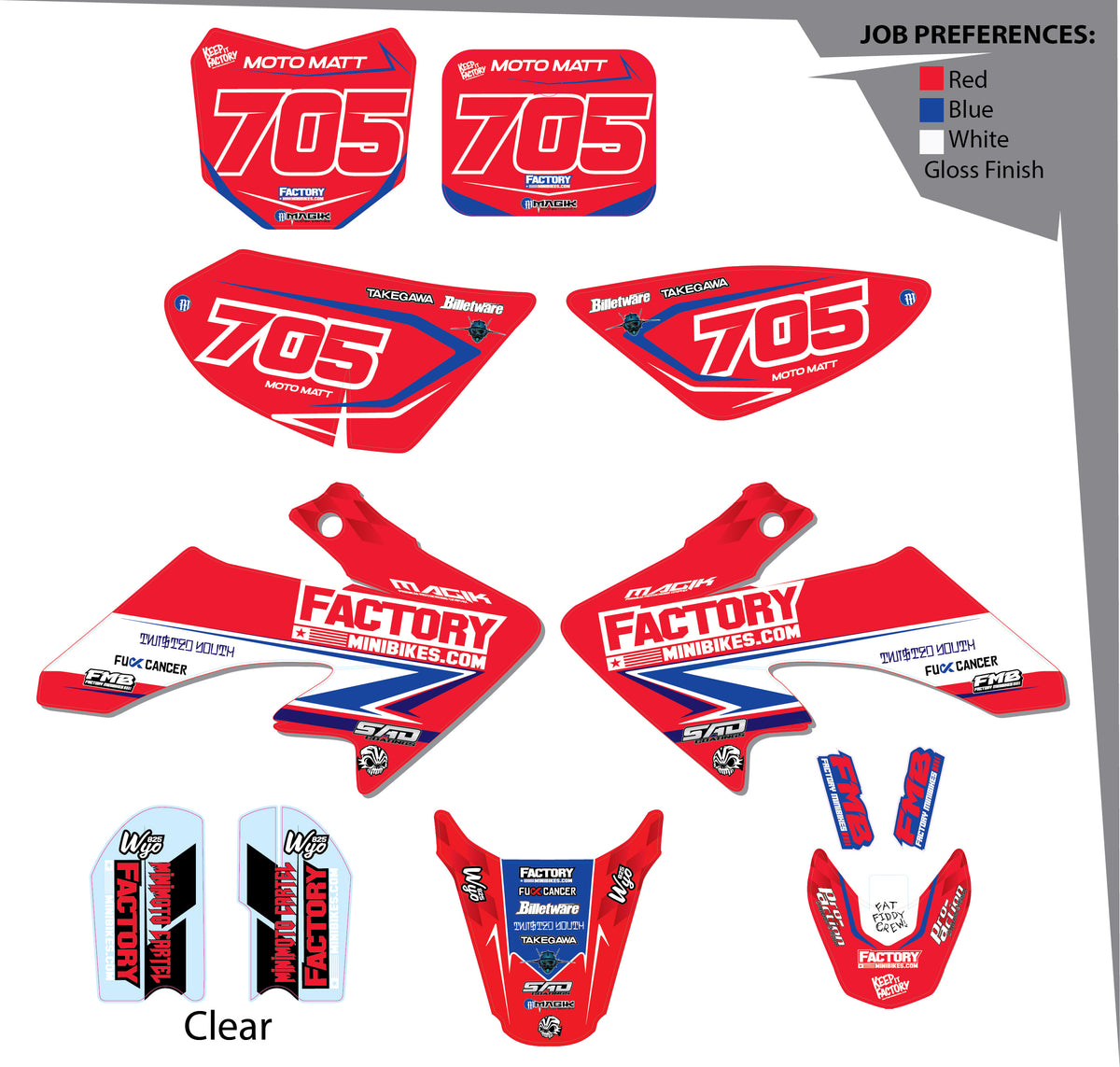 CRF50 Factory Minibikes Custom Graphics Kit w/ Name & Numbers - Factory Minibikes