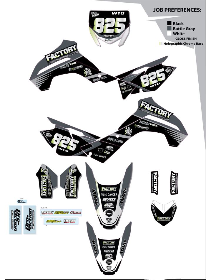 KLX140/L/G/RF Factory Minibikes Custom Graphics Kit w/ Name & Numbers - Factory Minibikes