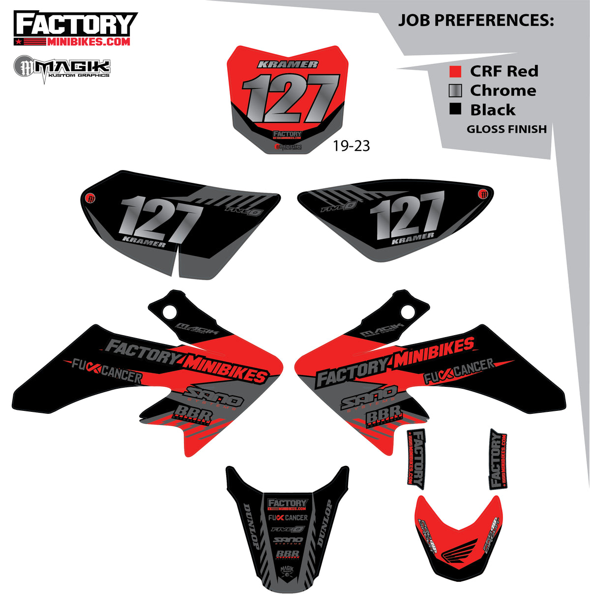 CRF50 Factory Minibikes Custom Graphics Kit w/ Name & Numbers - Factory Minibikes