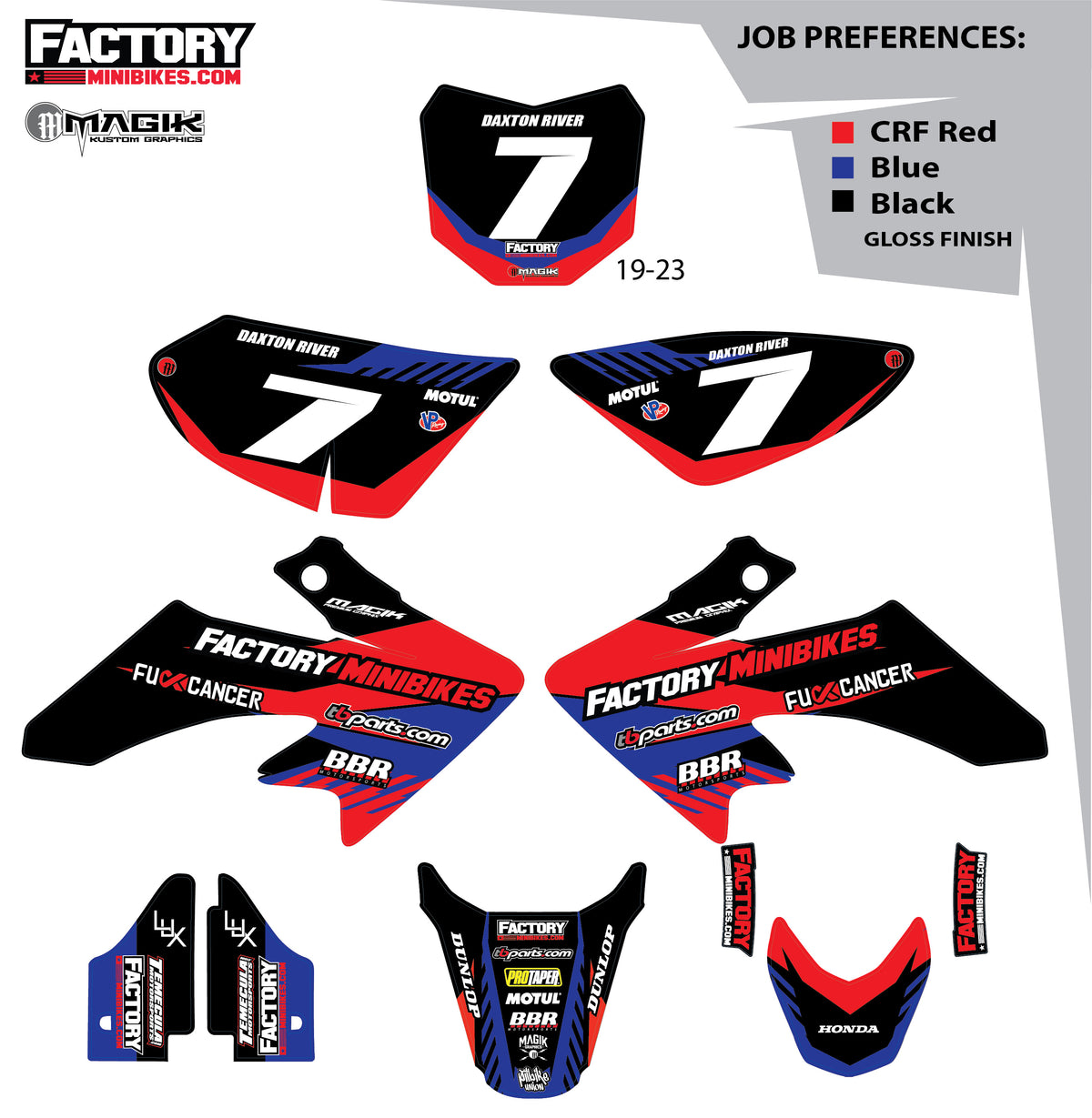 CRF50 Factory Minibikes Custom Graphics Kit w/ Name & Numbers - Factory Minibikes