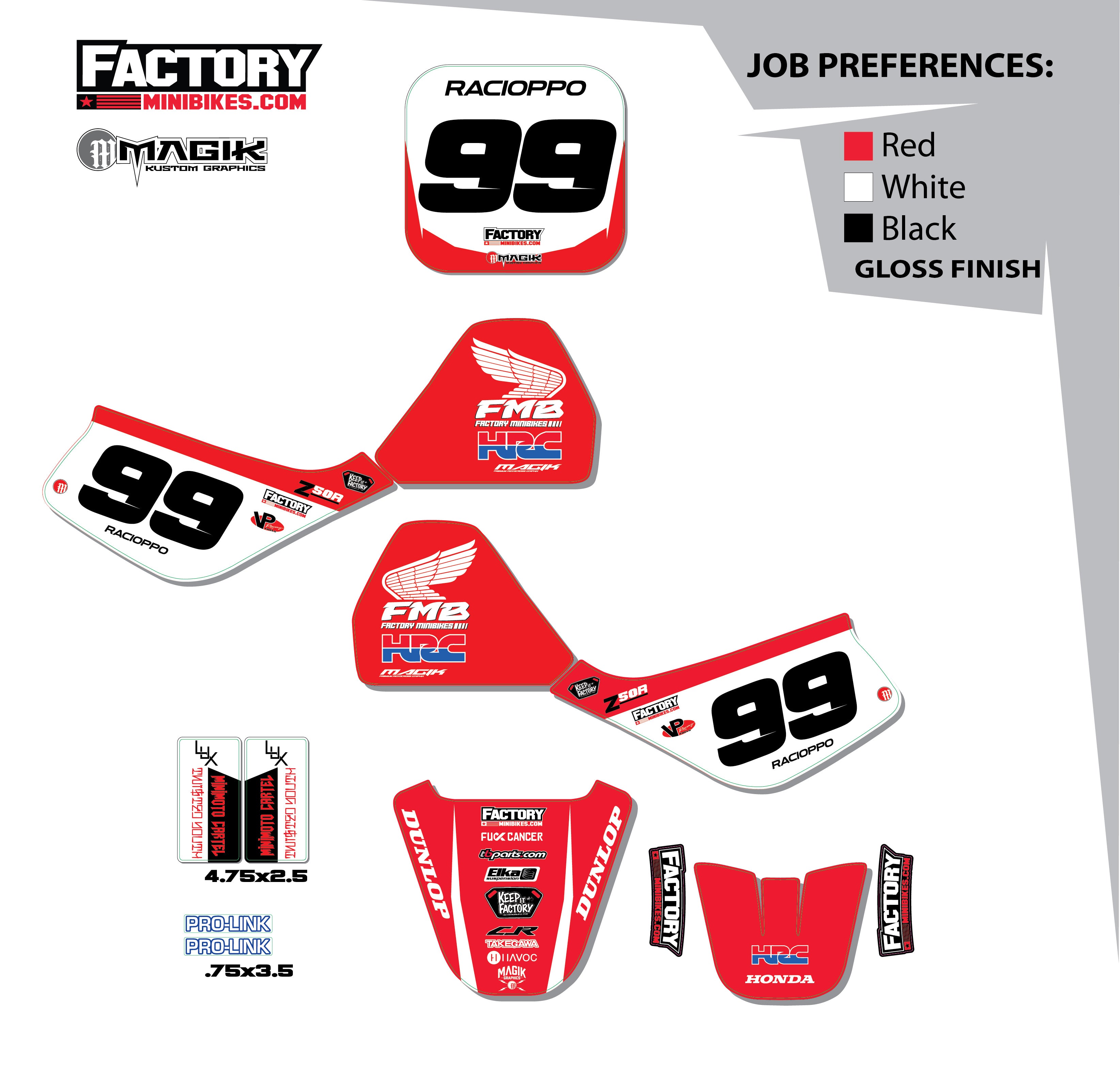 Z50 Factory Minibikes Custom Graphics Kit w/ Name & Numbers - Factory Minibikes