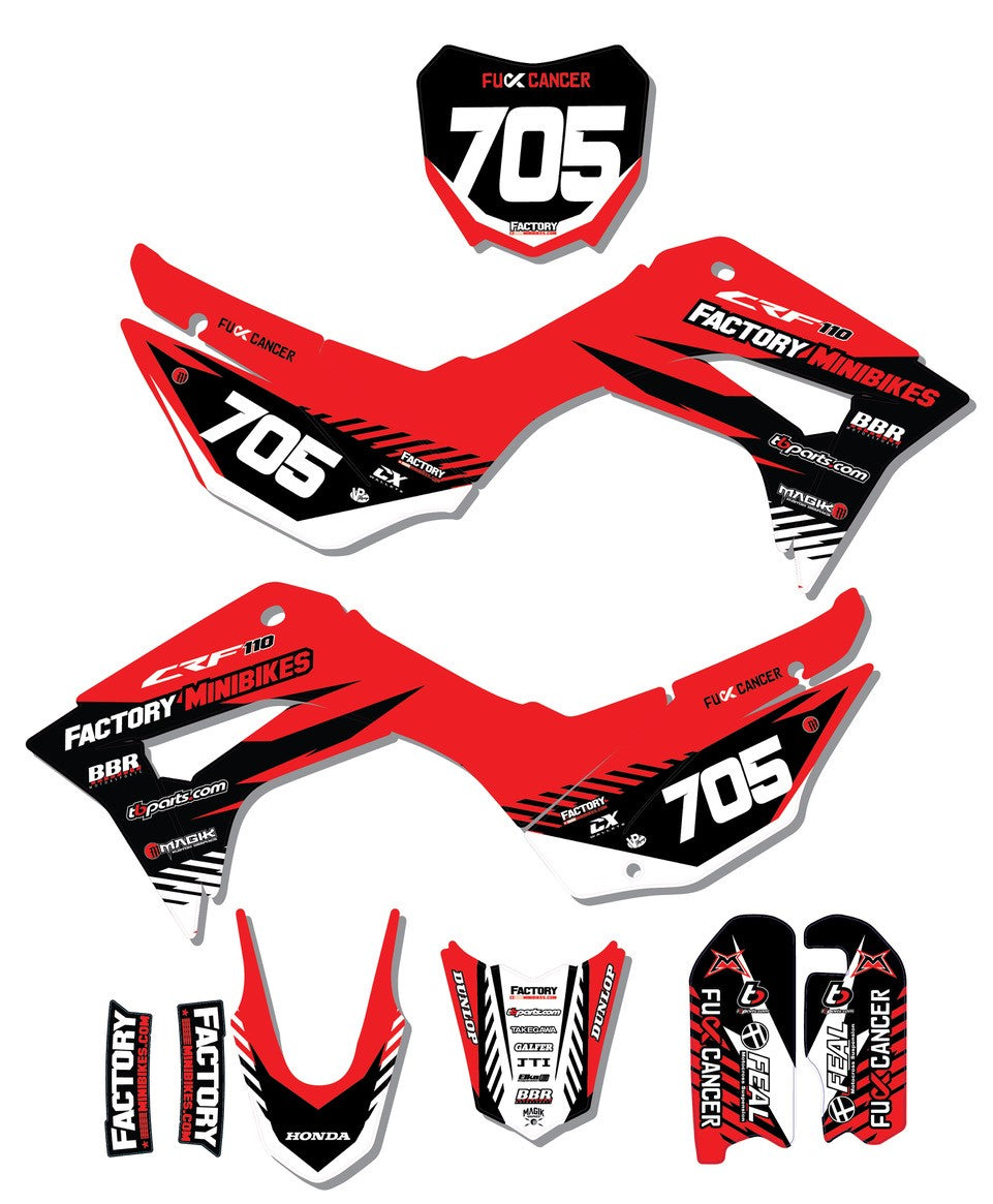 CRF110 Factory Minibikes Custom Graphics Kit w/ Name & Numbers - Factory Minibikes