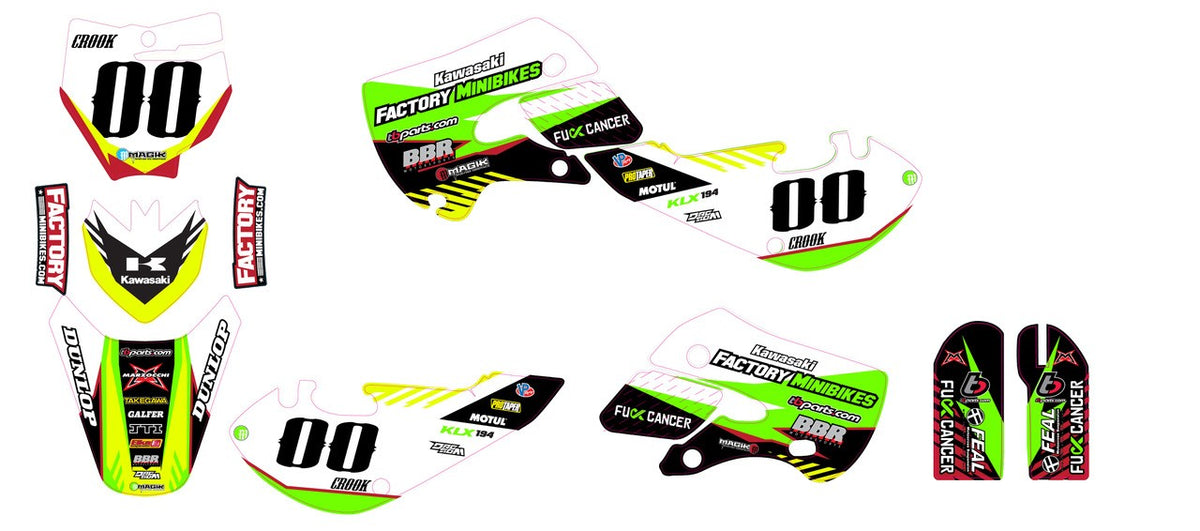 KLX110 Factory Minibikes Custom Graphics Kit w/ Name & Numbers - Factory Minibikes