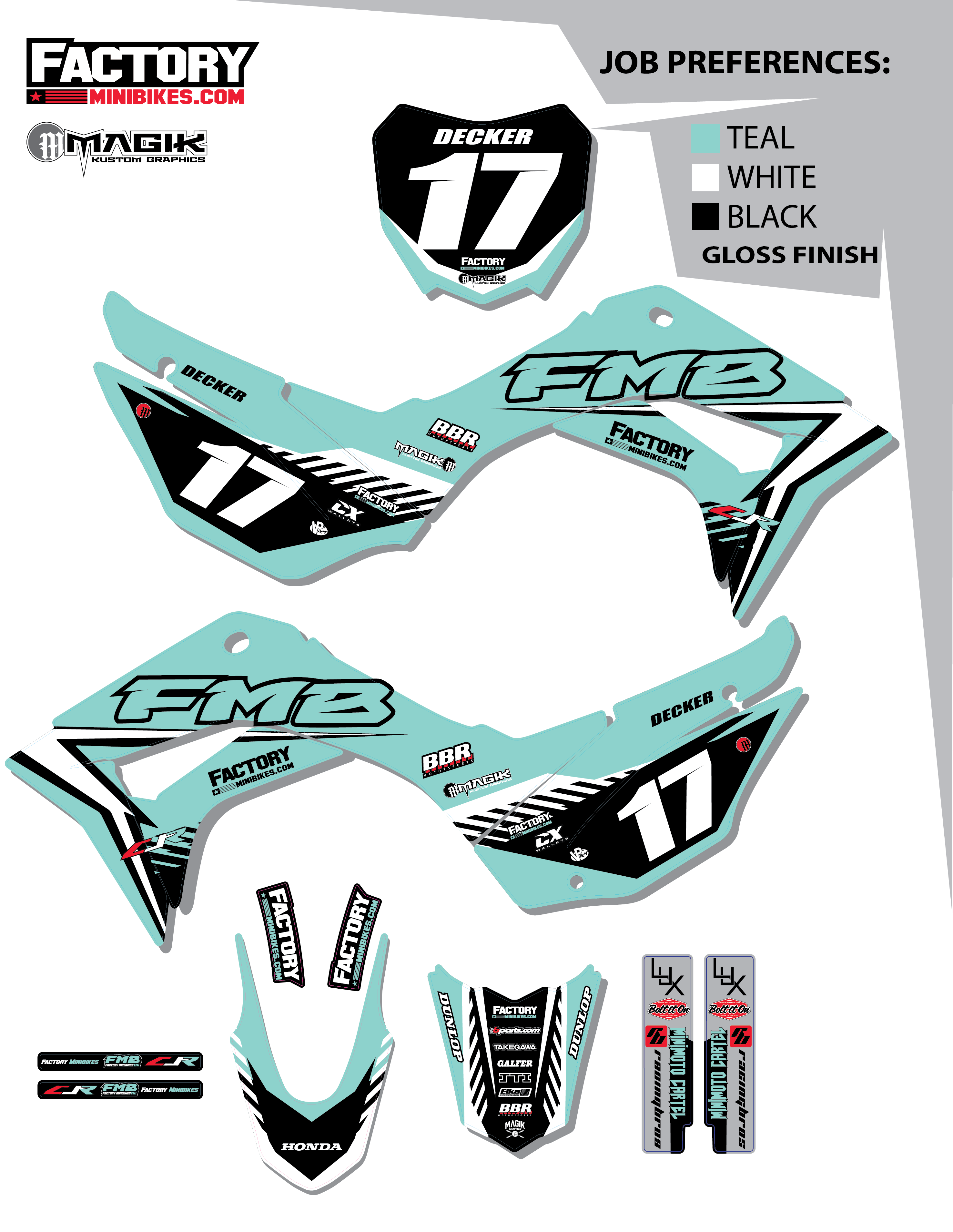 CRF110 Factory Minibikes Custom Graphics Kit w/ Name & Numbers - Factory Minibikes