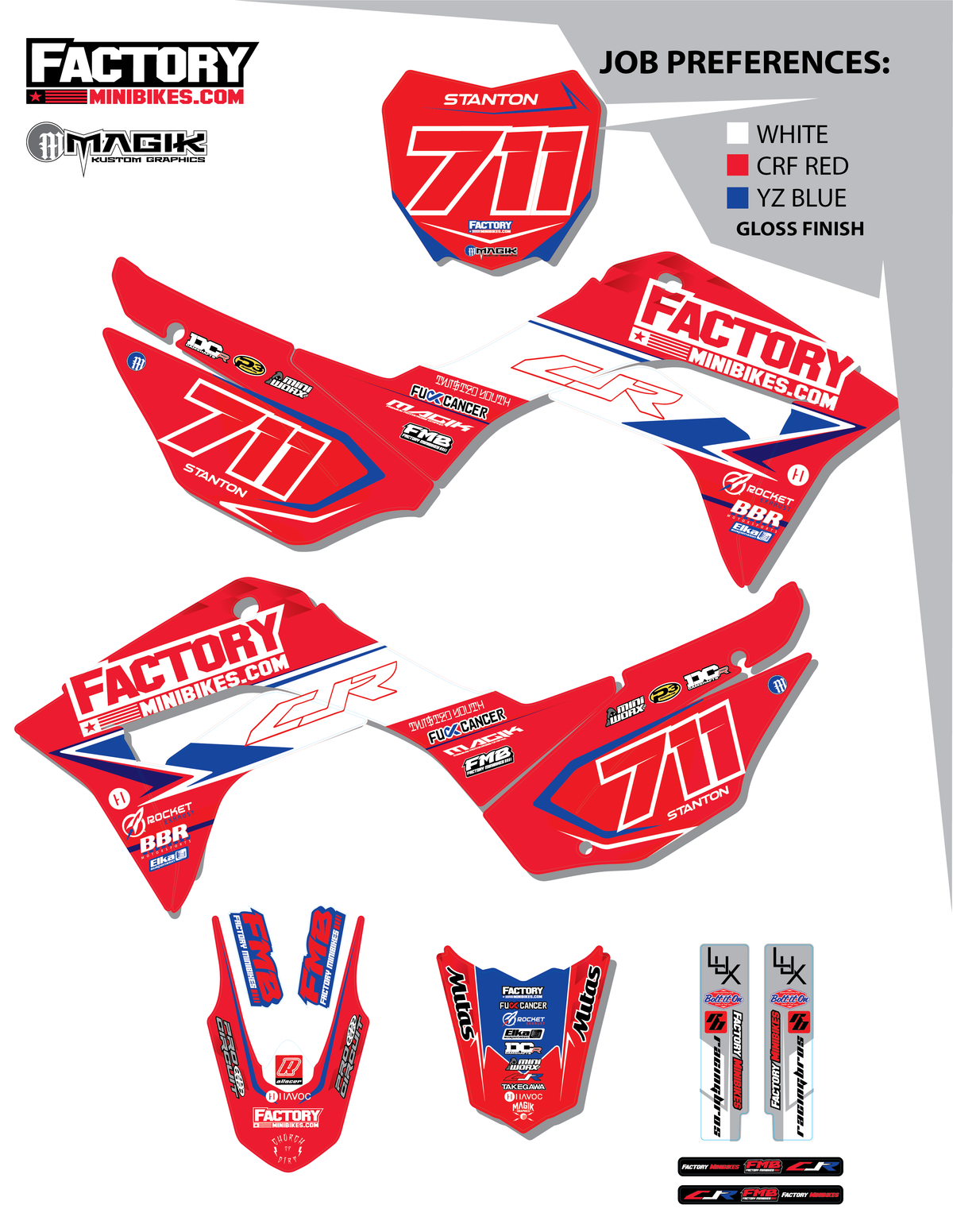 CRF110 Factory Minibikes Custom Graphics Kit w/ Name & Numbers - Factory Minibikes