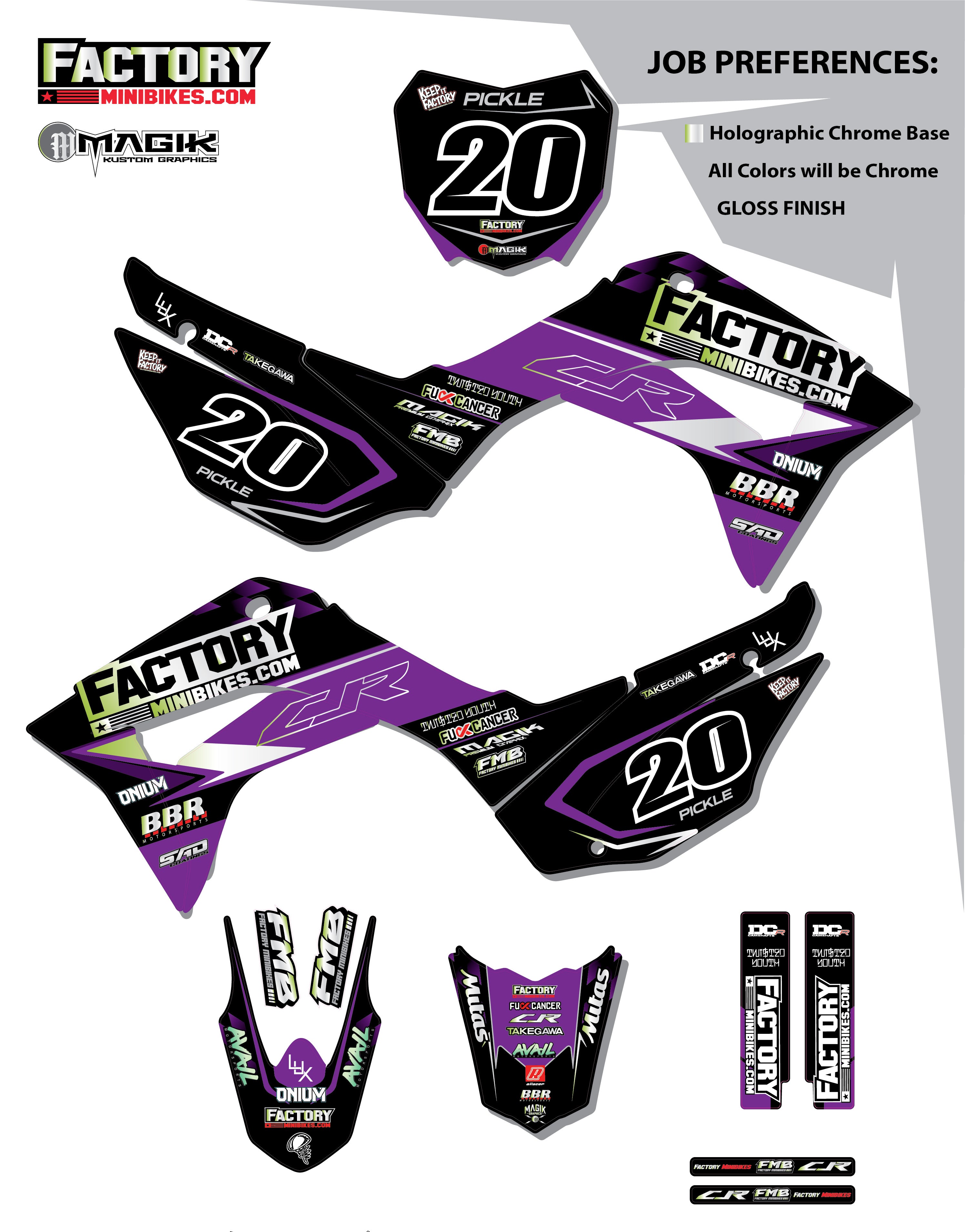 CRF110 Factory Minibikes Custom Graphics Kit w/ Name & Numbers - Factory Minibikes