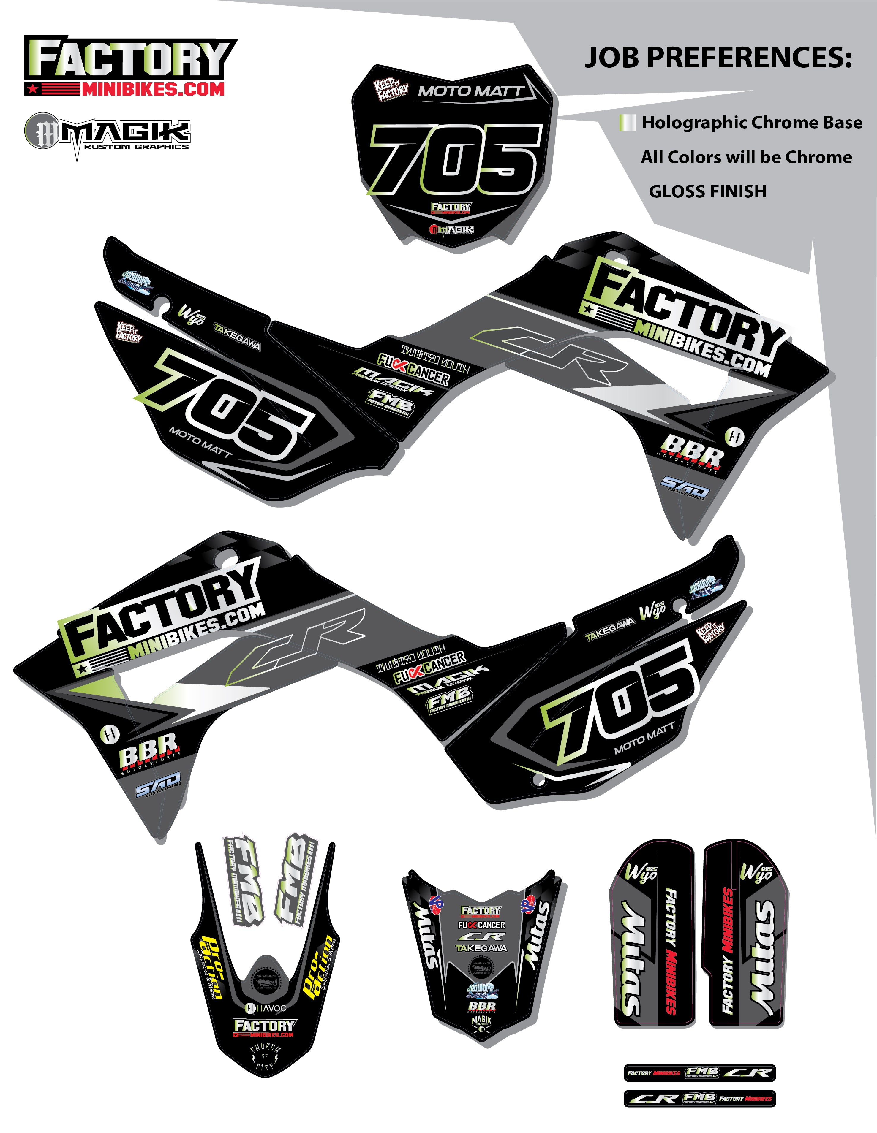 CRF110 Factory Minibikes Custom Graphics Kit w/ Name & Numbers - Factory Minibikes