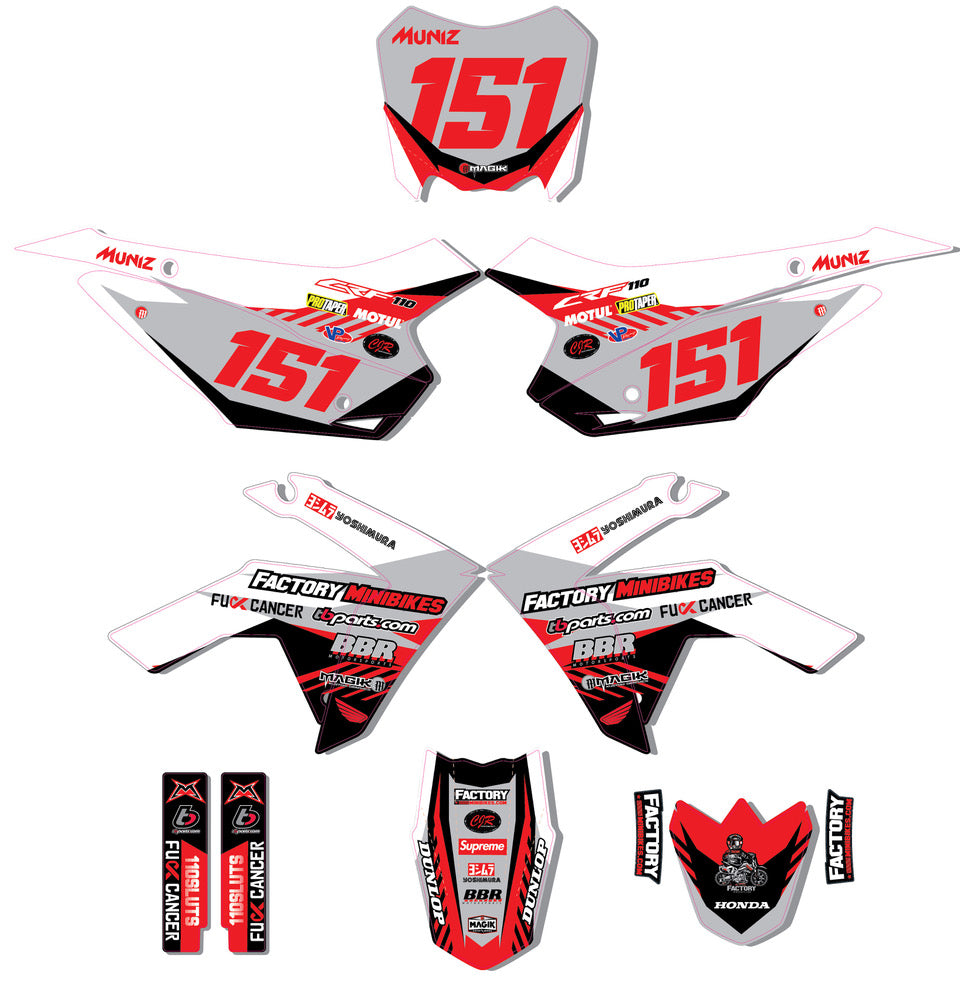 CRF110 Factory Minibikes Custom Graphics Kit w/ Name & Numbers - Factory Minibikes