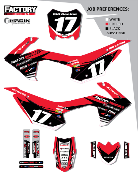 CRF110 Factory Minibikes Custom Graphics Kit w/ Name & Numbers - Factory Minibikes