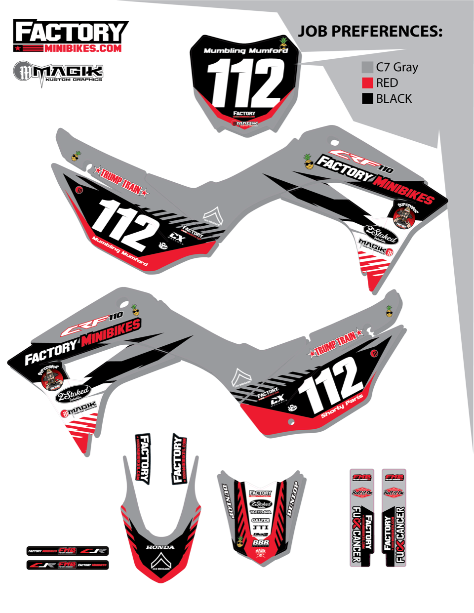 CRF110 Factory Minibikes Custom Graphics Kit w/ Name & Numbers - Factory Minibikes