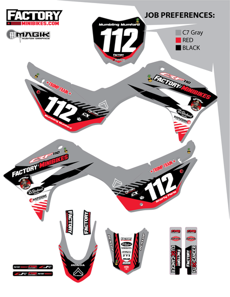 CRF110 Factory Minibikes Custom Graphics Kit w/ Name & Numbers - Factory Minibikes