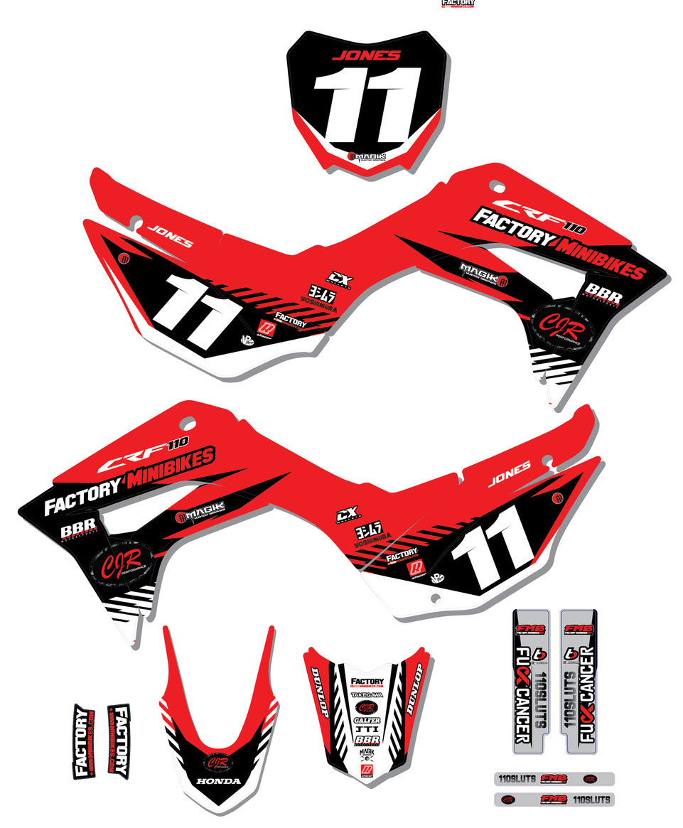 CRF110 Factory Minibikes Custom Graphics Kit w/ Name & Numbers - Factory Minibikes