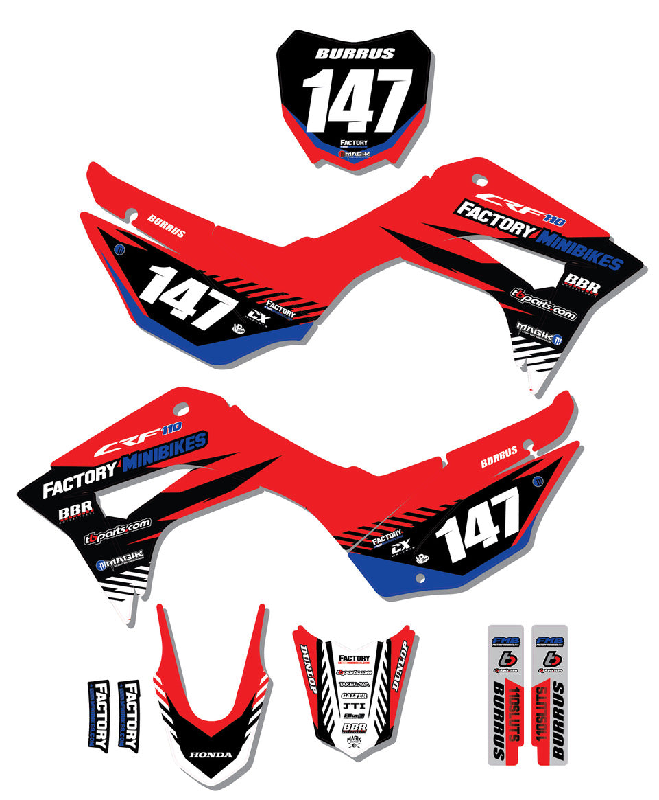 CRF110 Factory Minibikes Custom Graphics Kit w/ Name & Numbers - Factory Minibikes