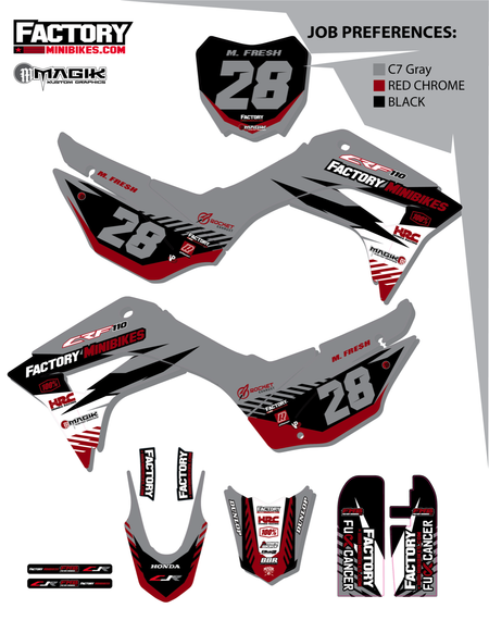 CRF110 Factory Minibikes Custom Graphics Kit w/ Name & Numbers - Factory Minibikes