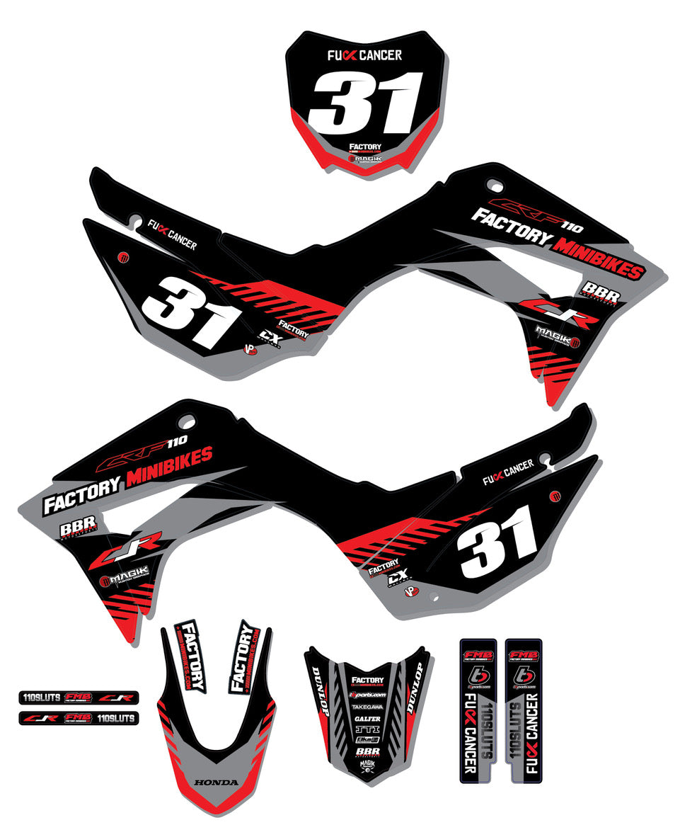 CRF110 Factory Minibikes Custom Graphics Kit w/ Name & Numbers - Factory Minibikes