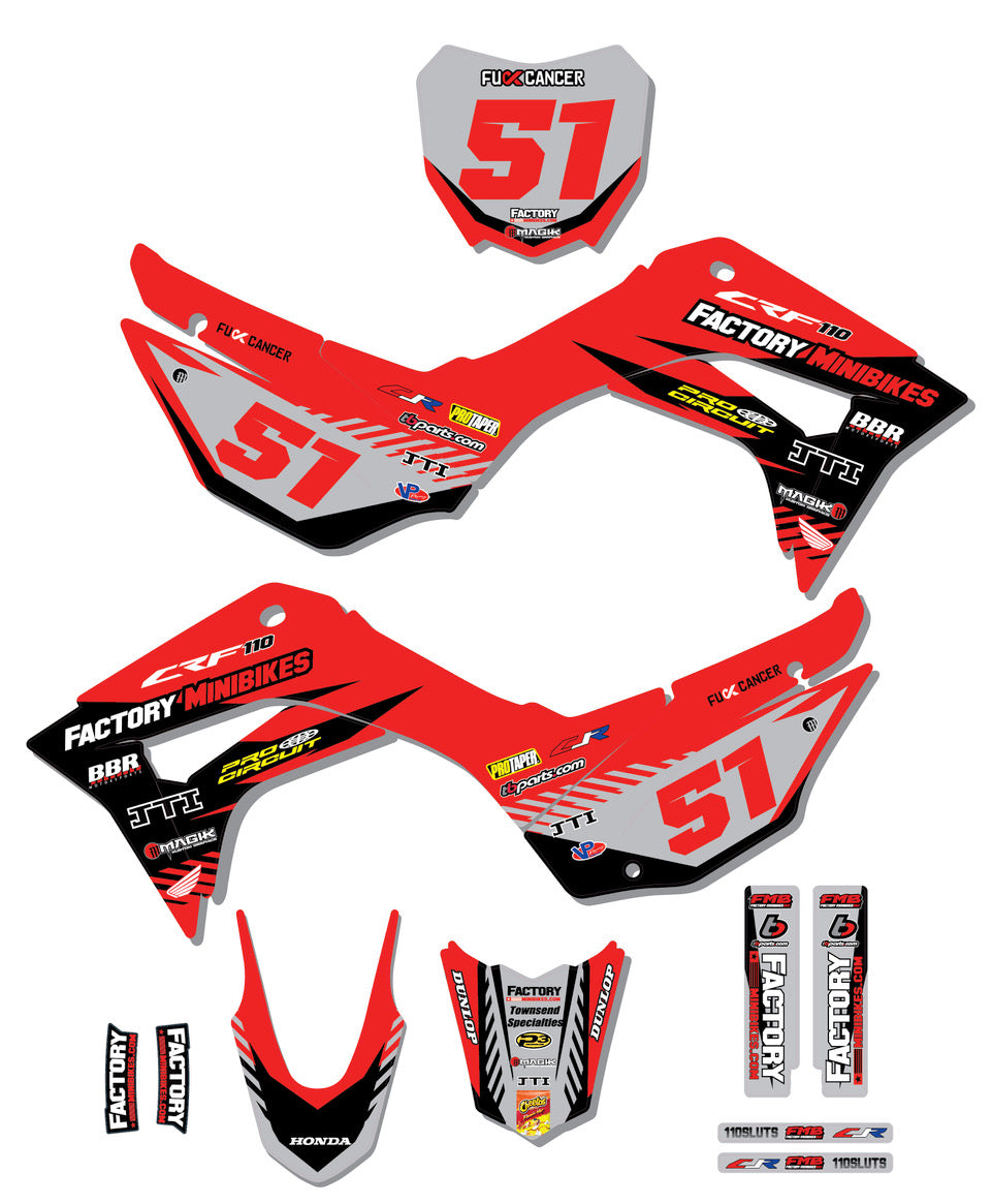 CRF110 Factory Minibikes Custom Graphics Kit w/ Name & Numbers - Factory Minibikes