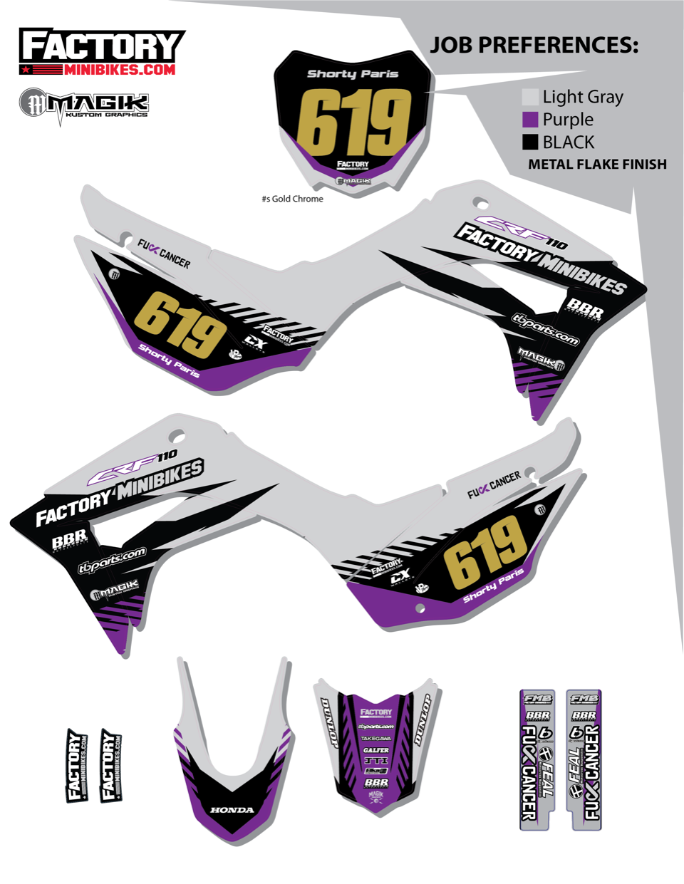 CRF110 Factory Minibikes Custom Graphics Kit w/ Name & Numbers - Factory Minibikes