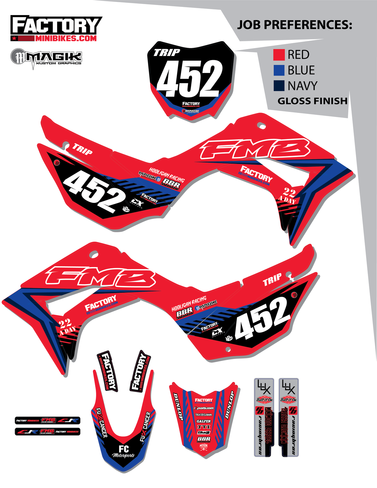 CRF110 Factory Minibikes Custom Graphics Kit w/ Name & Numbers - Factory Minibikes