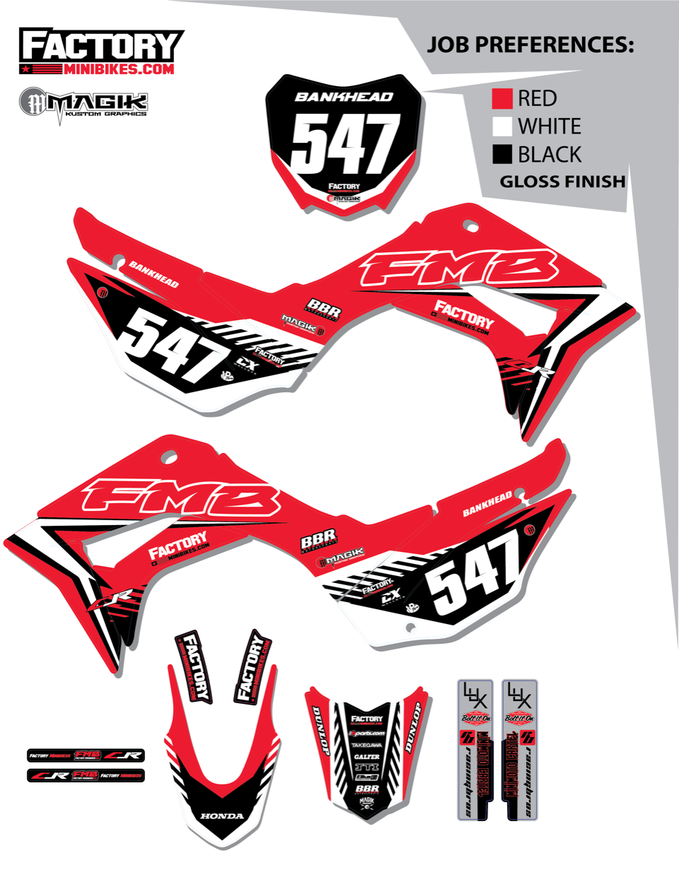 CRF110 Factory Minibikes Custom Graphics Kit w/ Name & Numbers - Factory Minibikes