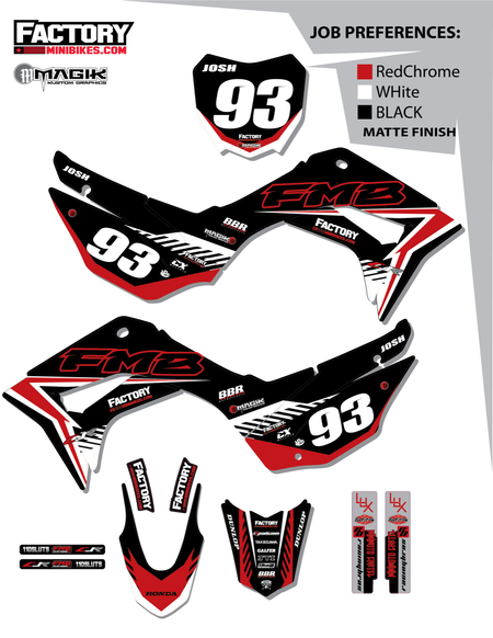 CRF110 Factory Minibikes Custom Graphics Kit w/ Name & Numbers - Factory Minibikes