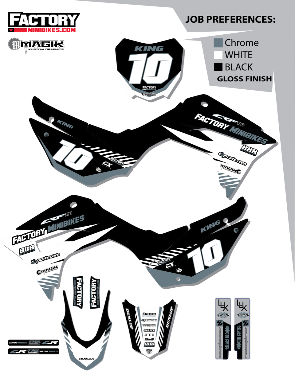 CRF110 Factory Minibikes Custom Graphics Kit w/ Name & Numbers - Factory Minibikes