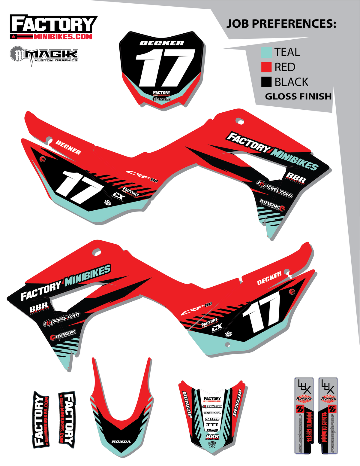 CRF110 Factory Minibikes Custom Graphics Kit w/ Name & Numbers - Factory Minibikes