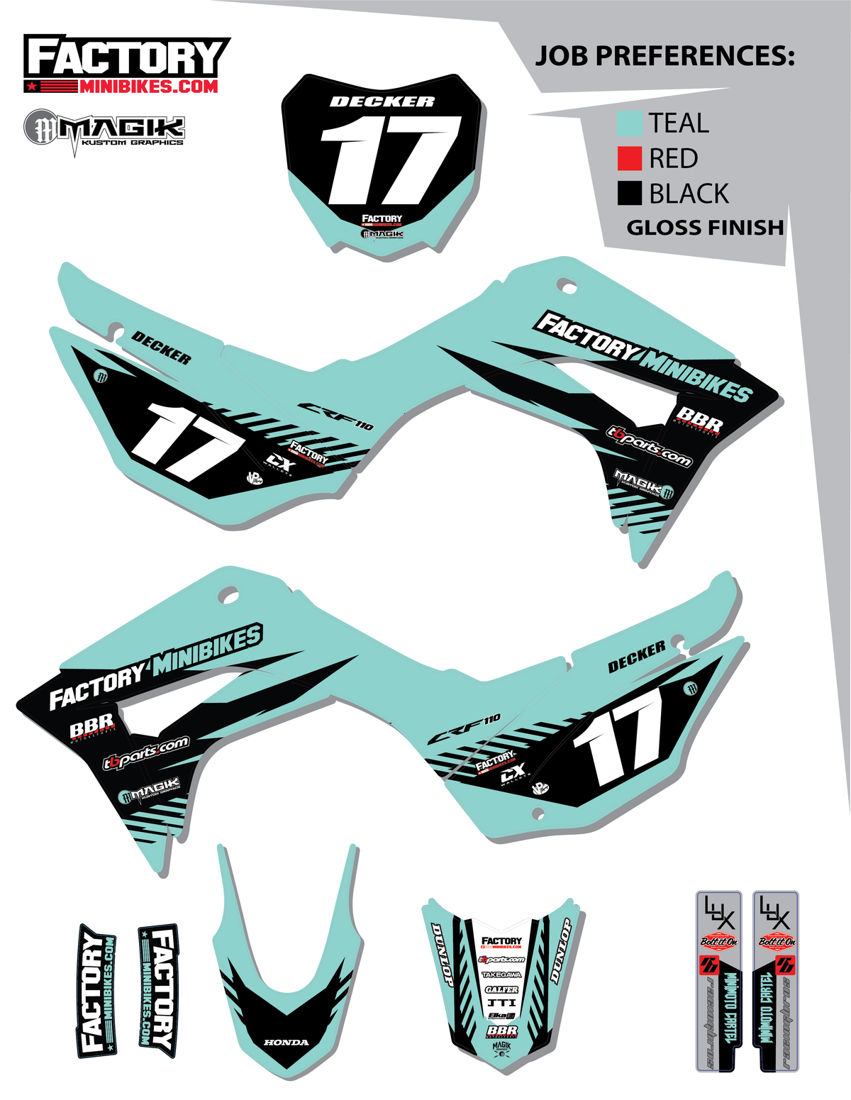 CRF110 Factory Minibikes Custom Graphics Kit w/ Name & Numbers - Factory Minibikes