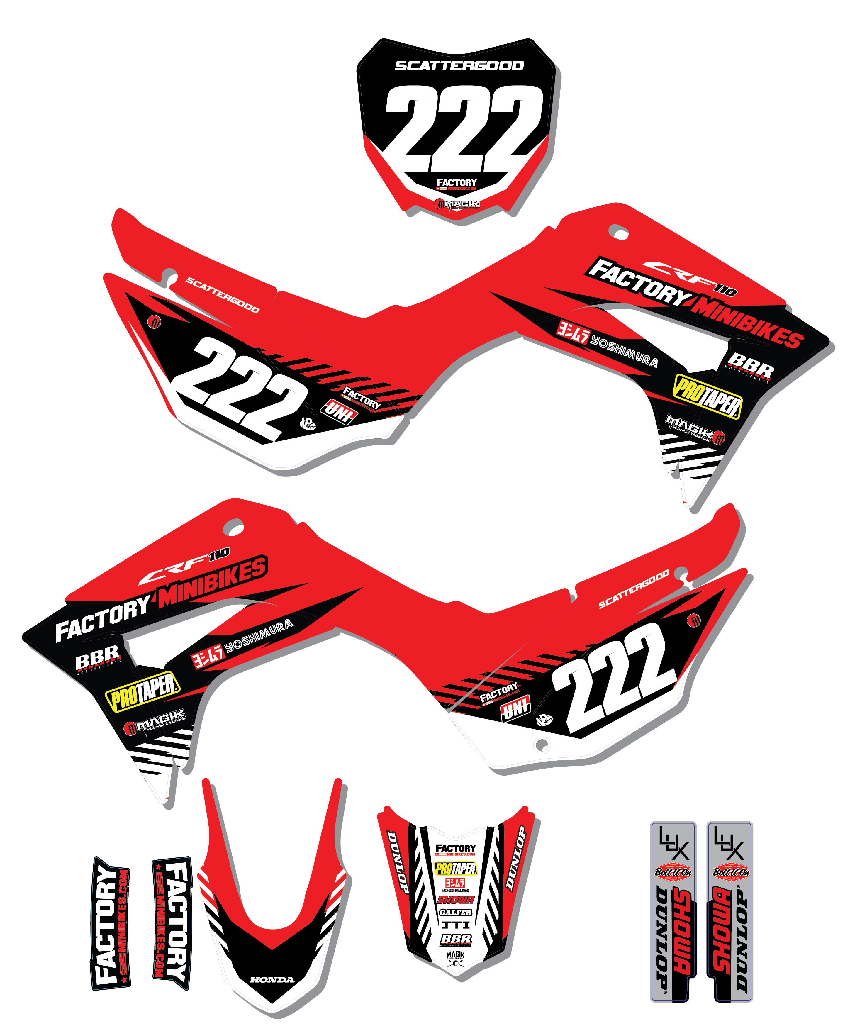 CRF110 Factory Minibikes Custom Graphics Kit w/ Name & Numbers - Factory Minibikes