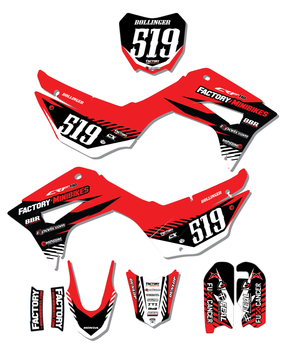 CRF110 Factory Minibikes Custom Graphics Kit w/ Name & Numbers - Factory Minibikes