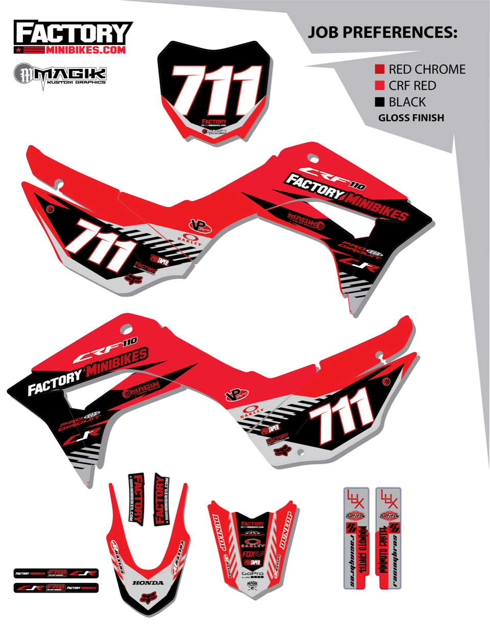 CRF110 Factory Minibikes Custom Graphics Kit w/ Name & Numbers - Factory Minibikes