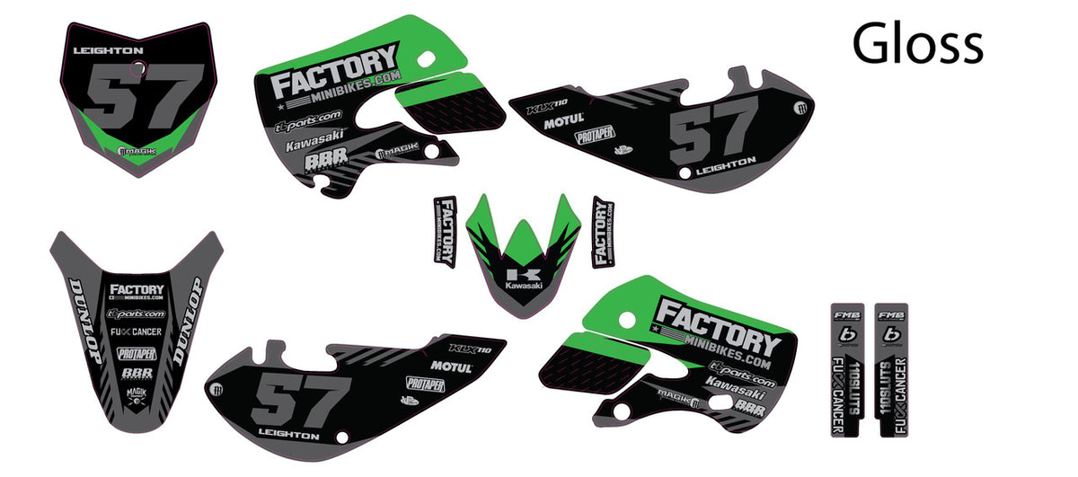 KLX110 Factory Minibikes Custom Graphics Kit w/ Name & Numbers - Factory Minibikes