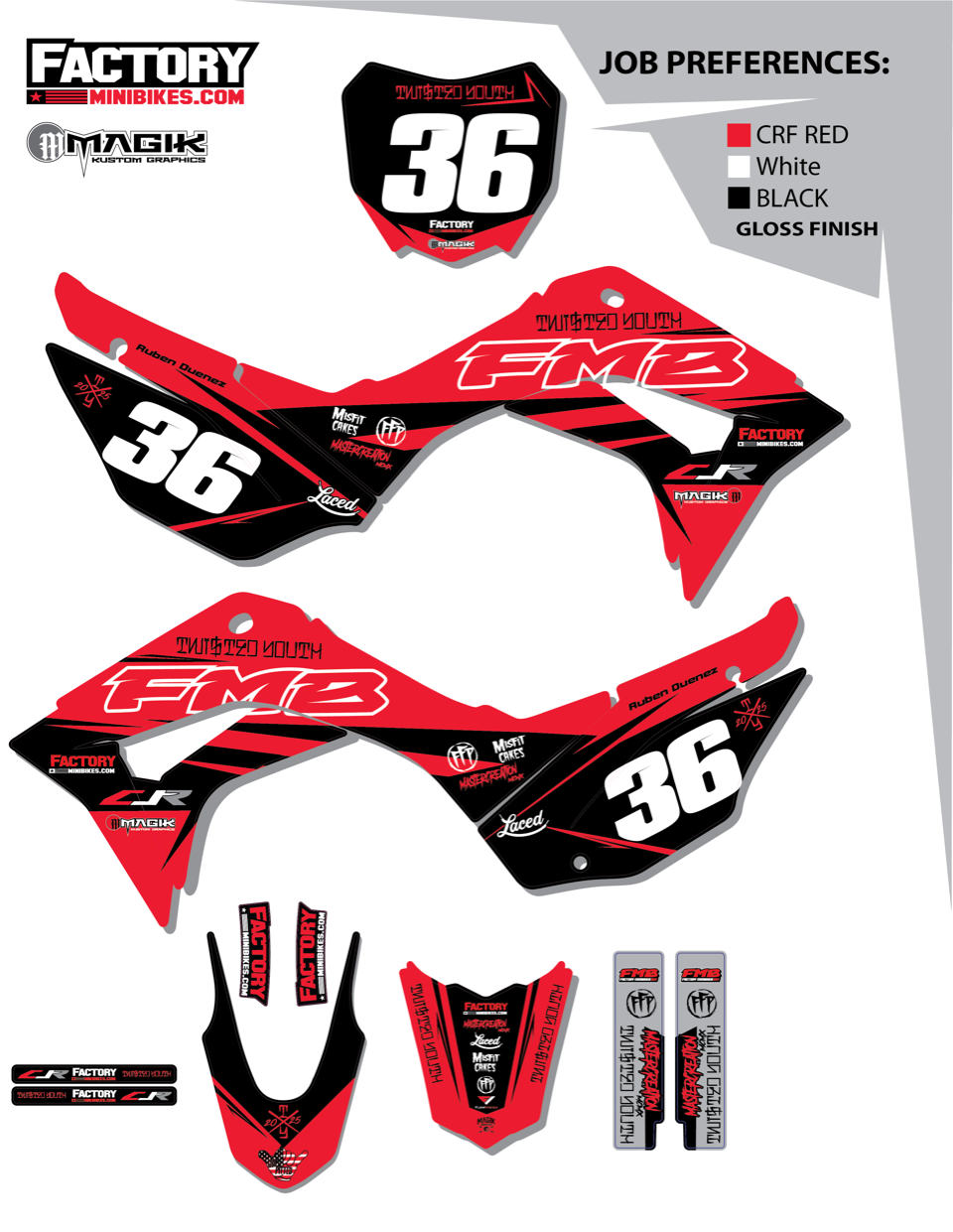 CRF110 Factory Minibikes Custom Graphics Kit w/ Name & Numbers - Factory Minibikes