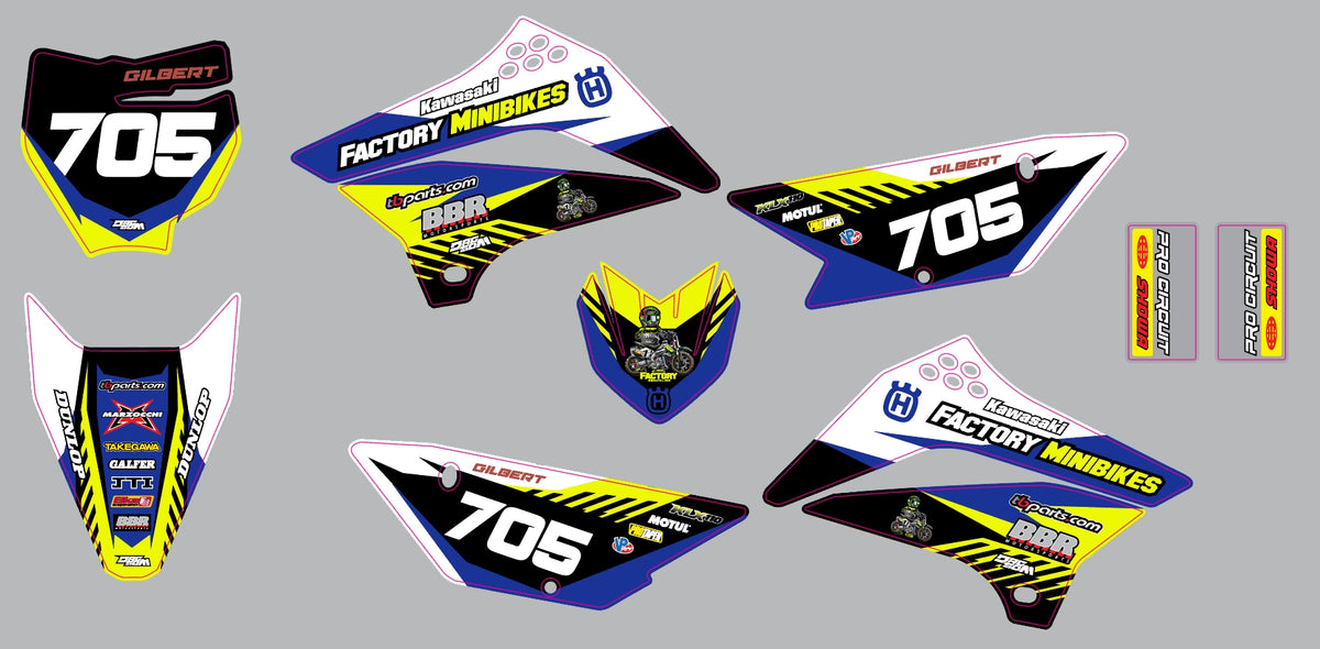 KLX110 Factory Minibikes Custom Graphics Kit w/ Name & Numbers - Factory Minibikes