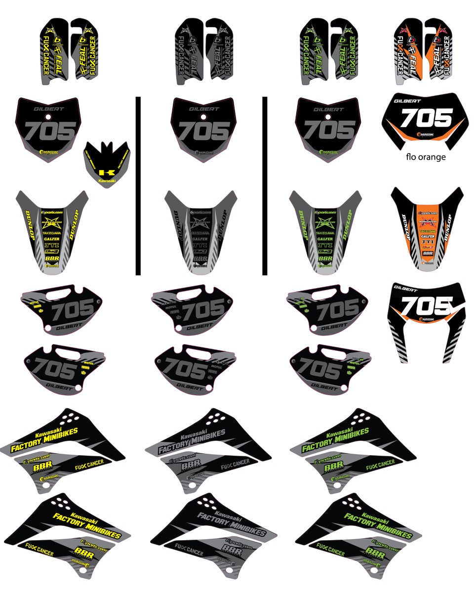 KLX110 Factory Minibikes Custom Graphics Kit w/ Name & Numbers - Factory Minibikes