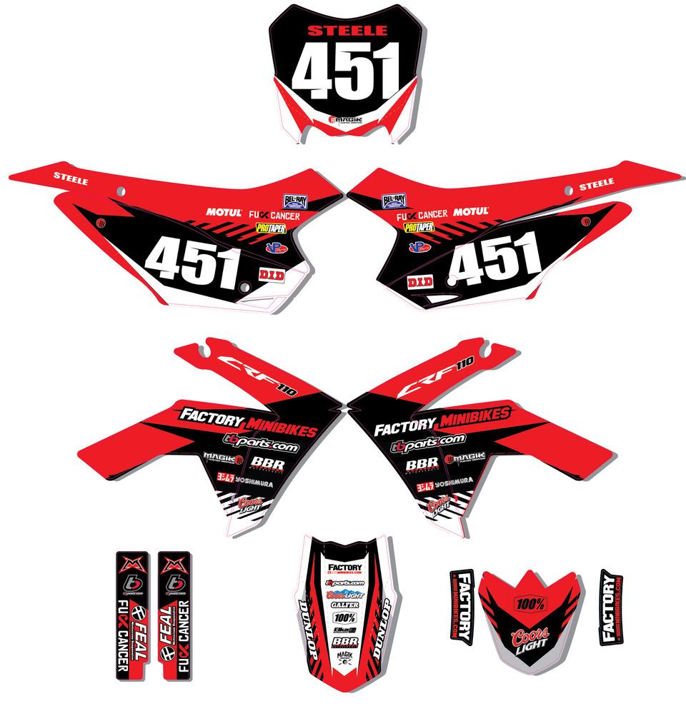 CRF110 Factory Minibikes Custom Graphics Kit w/ Name & Numbers - Factory Minibikes