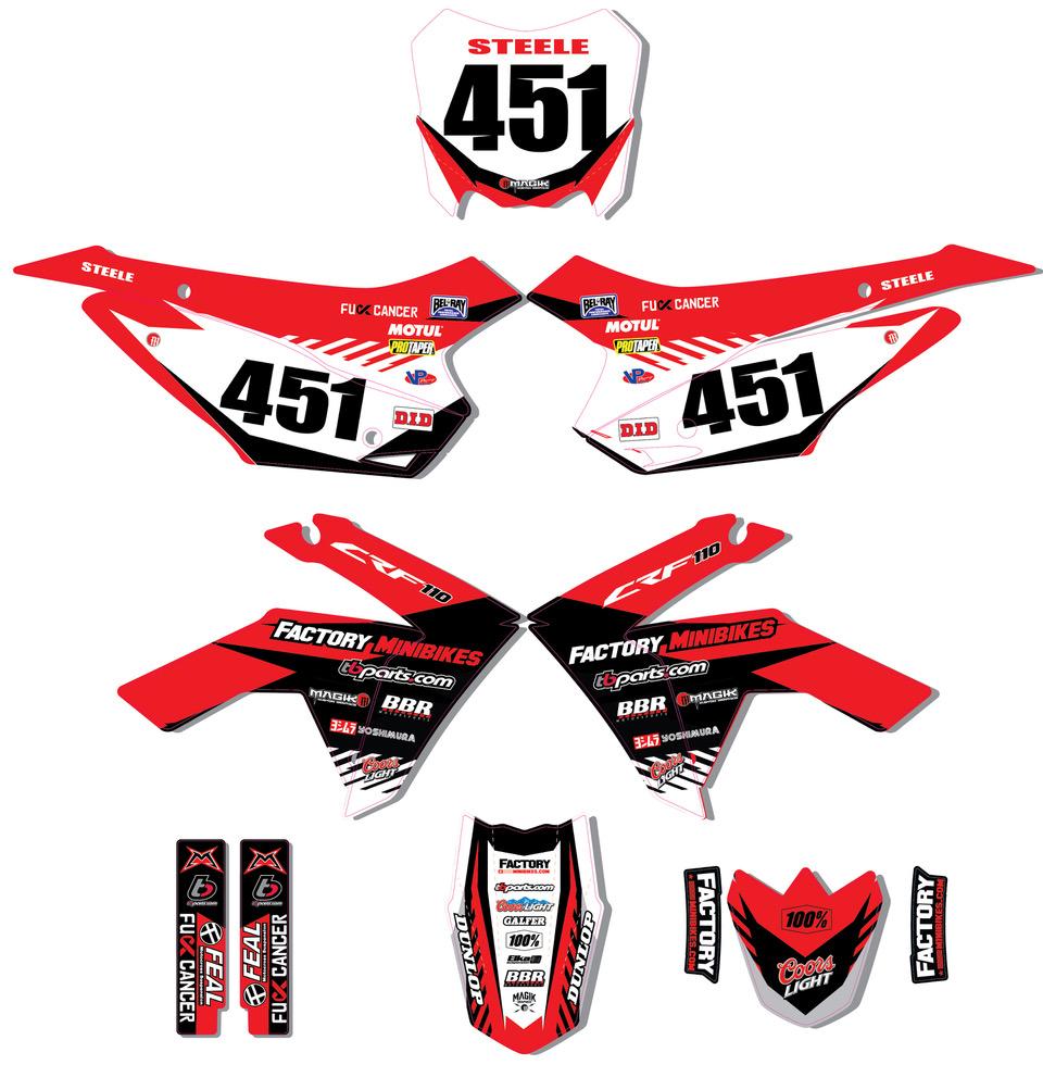 CRF110 Factory Minibikes Custom Graphics Kit w/ Name & Numbers - Factory Minibikes